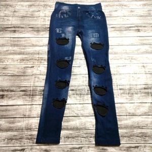 Ladies Small Dark Blue Jeggings Distressed Boyfriend Skinny Heavy Leggings Excel